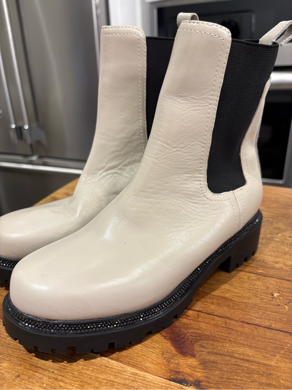 DKNY Embellished Beige Chelsea Lug Sole Boots with Black Elastic Panels